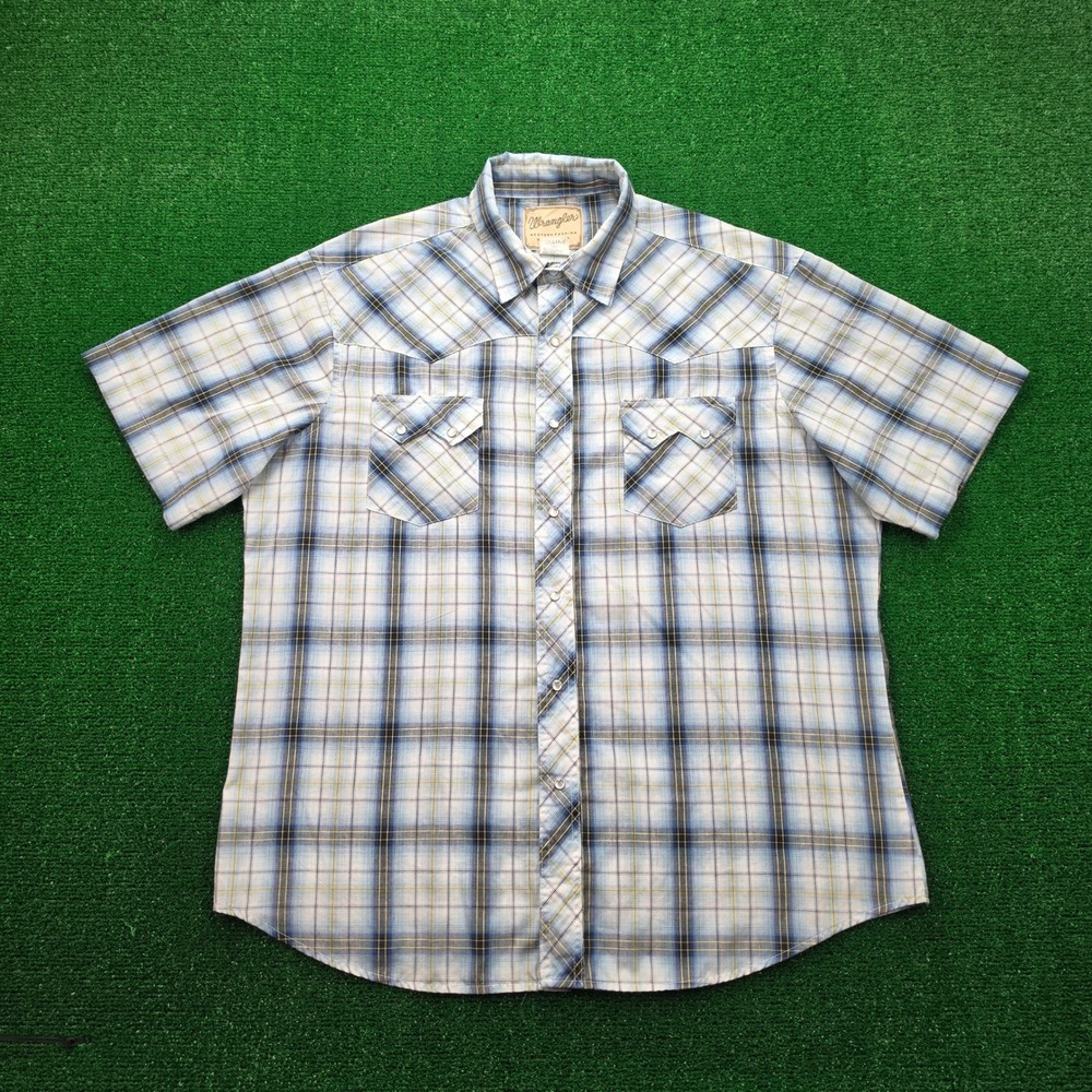 Wrangler Western Fashion Pearl Snap Shirt Mens‎ XL Blue Plaid Button Up Cowboy